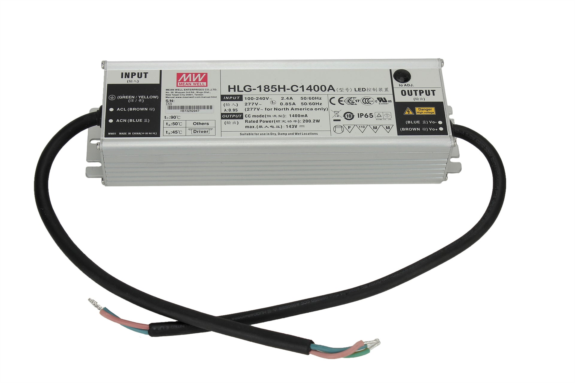 Mean Well HLG-185H-C1400B 200W LED Power Supply - Single Output AC/DC Driver